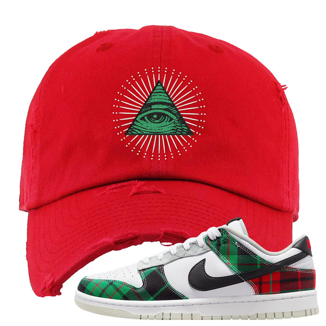 Red Green Plaid Low Dunks Distressed Dad Hat | All Seeing Eye, Red