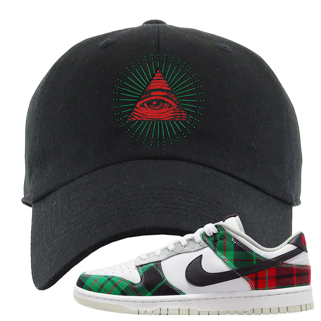 Red Green Plaid Low Dunks Dad Hat | All Seeing Eye, Black