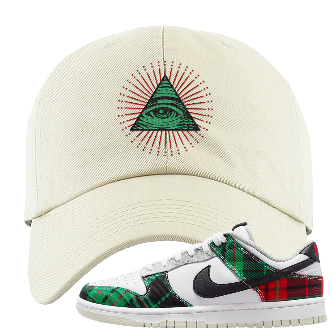 Red Green Plaid Low Dunks Dad Hat | All Seeing Eye, White