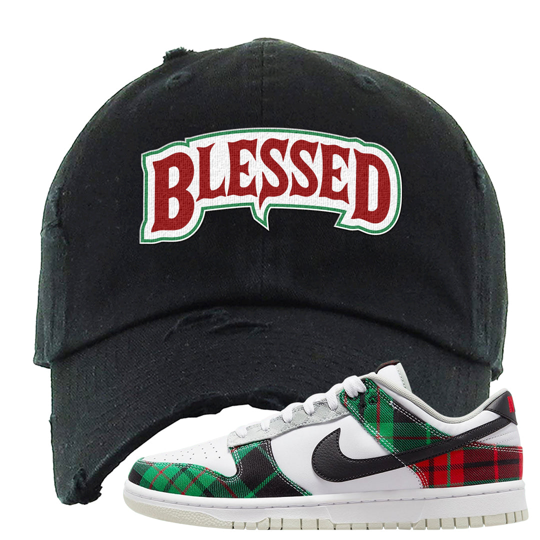 Red Green Plaid Low Dunks Distressed Dad Hat | Blessed Arch, Black
