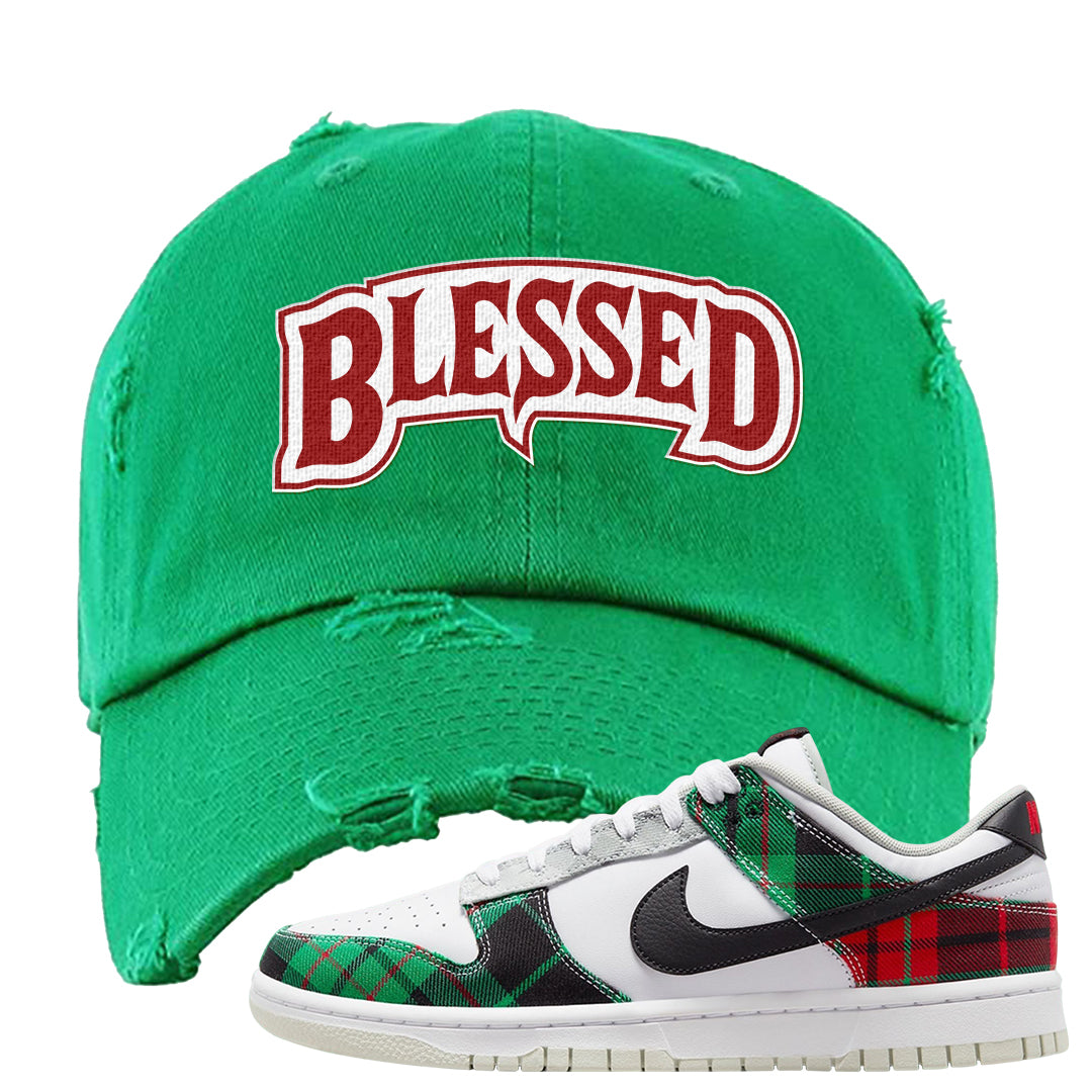 Red Green Plaid Low Dunks Distressed Dad Hat | Blessed Arch, Kelly Green