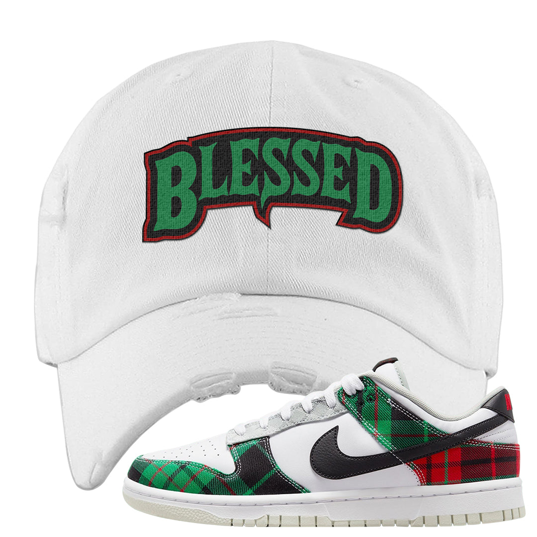 Red Green Plaid Low Dunks Distressed Dad Hat | Blessed Arch, White
