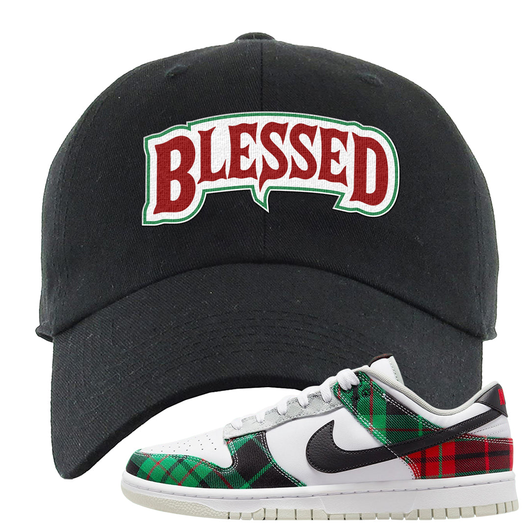 Red Green Plaid Low Dunks Dad Hat | Blessed Arch, Black