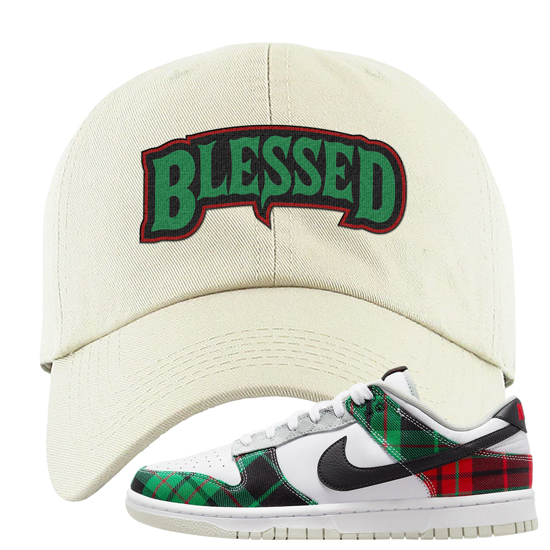 Red Green Plaid Low Dunks Dad Hat | Blessed Arch, White