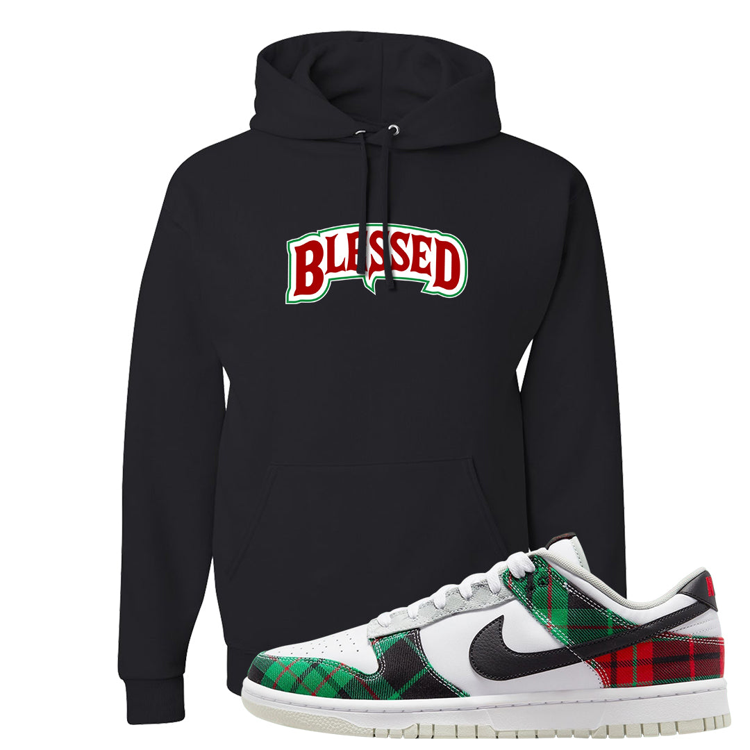 Red Green Plaid Low Dunks Hoodie | Blessed Arch, Black