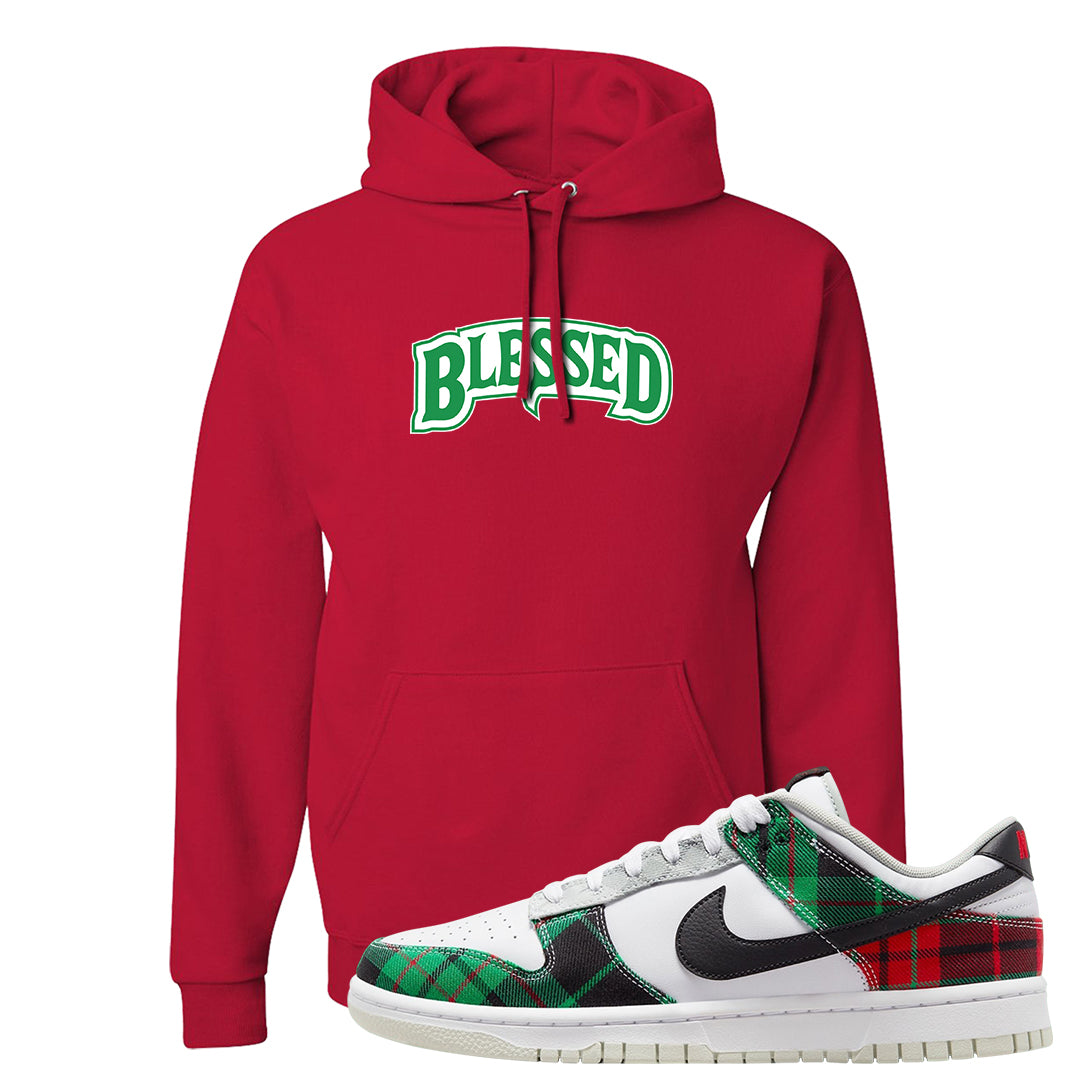 Red Green Plaid Low Dunks Hoodie | Blessed Arch, Red