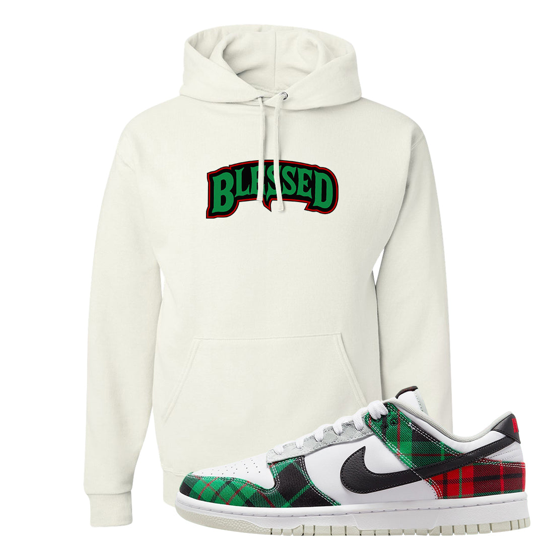 Red Green Plaid Low Dunks Hoodie | Blessed Arch, White