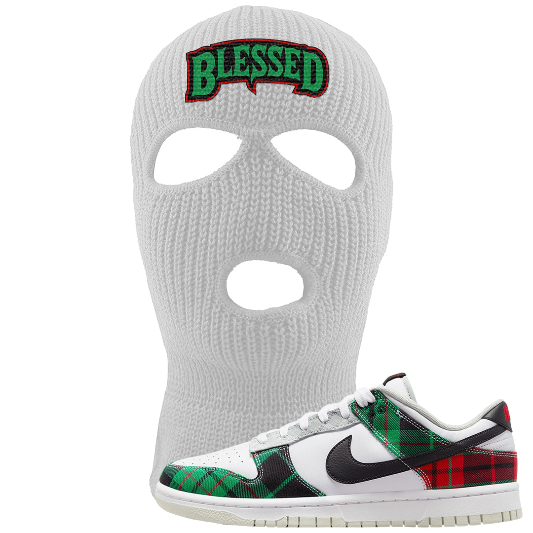 Red Green Plaid Low Dunks Ski Mask | Blessed Arch, White