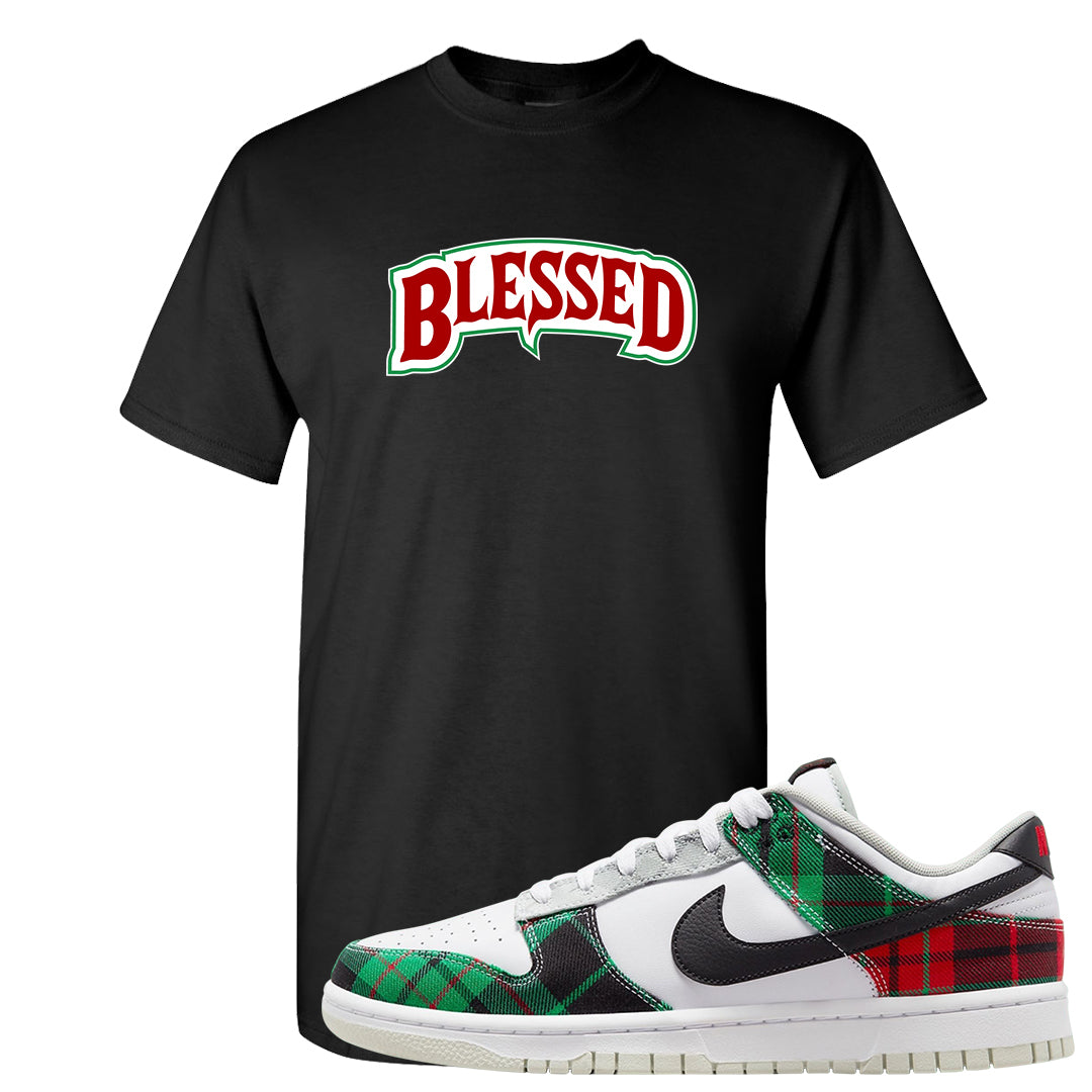Red Green Plaid Low Dunks T Shirt | Blessed Arch, Black