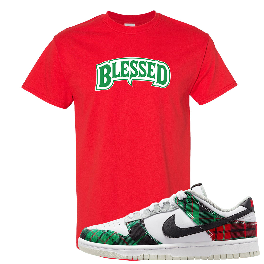 Red Green Plaid Low Dunks T Shirt | Blessed Arch, Red