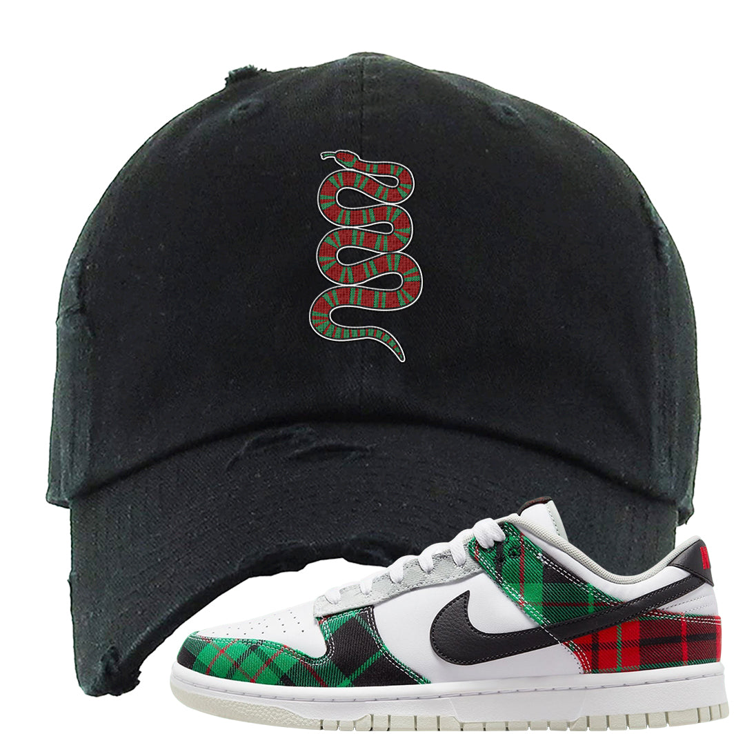 Red Green Plaid Low Dunks Distressed Dad Hat | Coiled Snake, Black