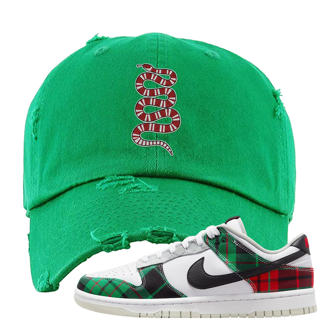 Red Green Plaid Low Dunks Distressed Dad Hat | Coiled Snake, Kelly Green