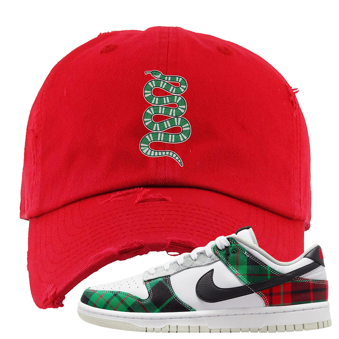 Red Green Plaid Low Dunks Distressed Dad Hat | Coiled Snake, Red