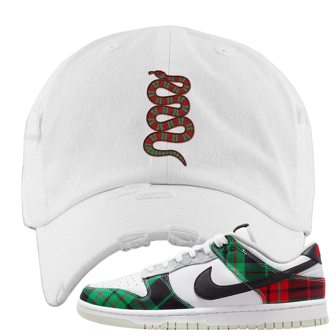 Red Green Plaid Low Dunks Distressed Dad Hat | Coiled Snake, White