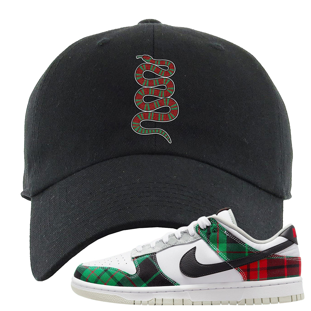 Red Green Plaid Low Dunks Dad Hat | Coiled Snake, Black