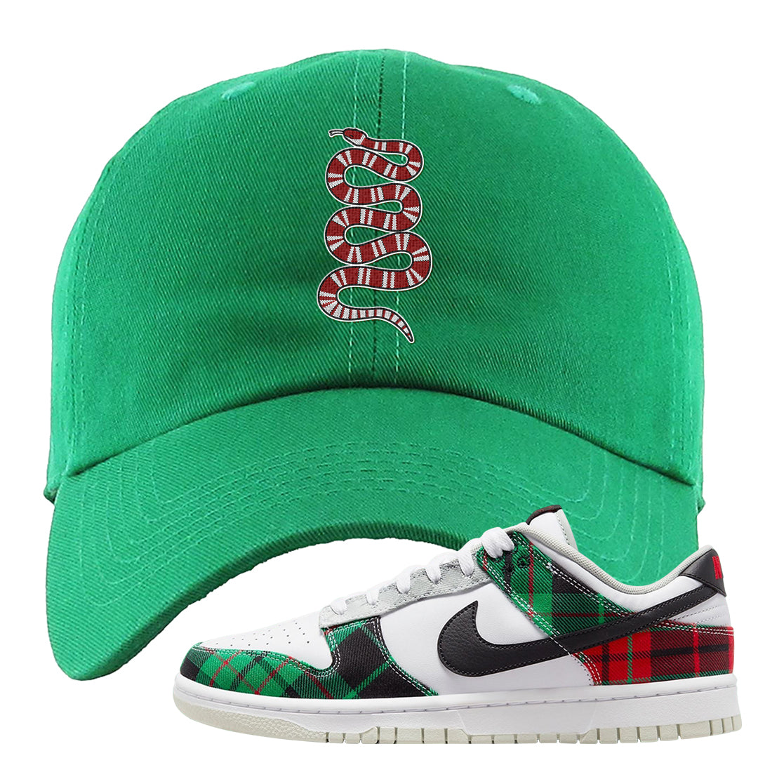 Red Green Plaid Low Dunks Dad Hat | Coiled Snake, Kelly Green