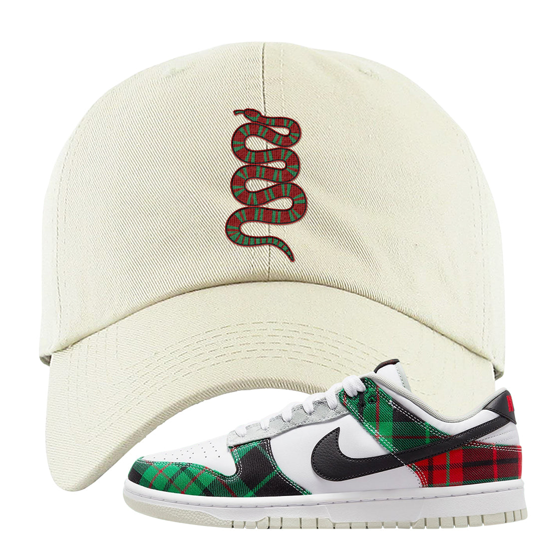 Red Green Plaid Low Dunks Dad Hat | Coiled Snake, White