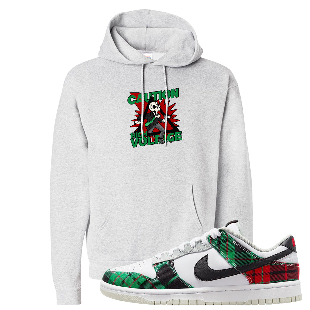 Red Green Plaid Low Dunks Hoodie | Caution High Voltage, Ash