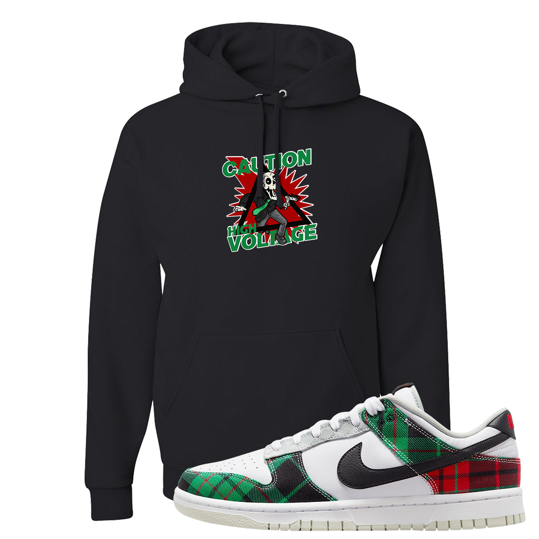 Red Green Plaid Low Dunks Hoodie | Caution High Voltage, Black