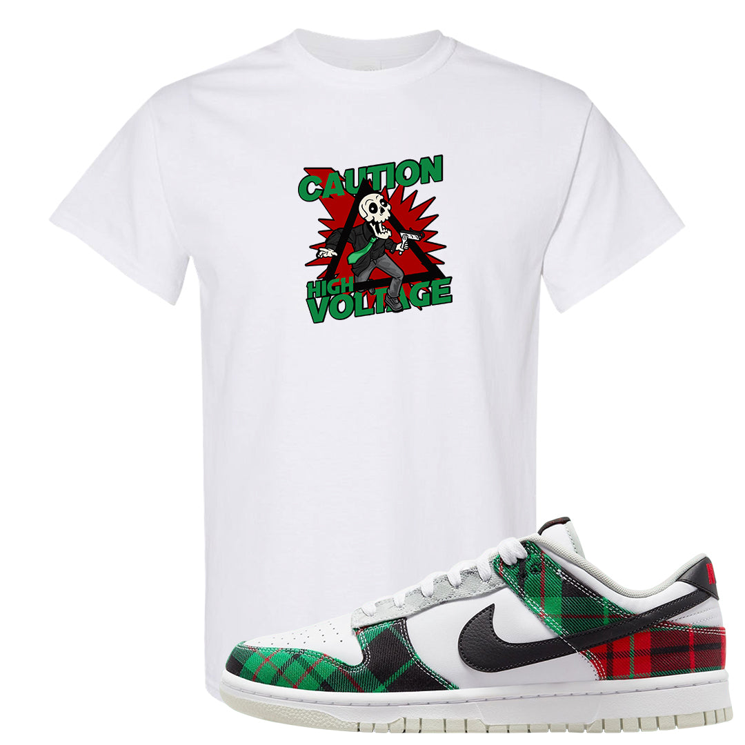 Red Green Plaid Low Dunks T Shirt | Caution High Voltage, White