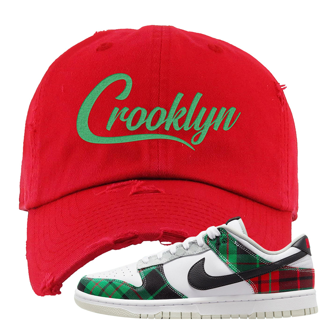 Red Green Plaid Low Dunks Distressed Dad Hat | Crooklyn, Red