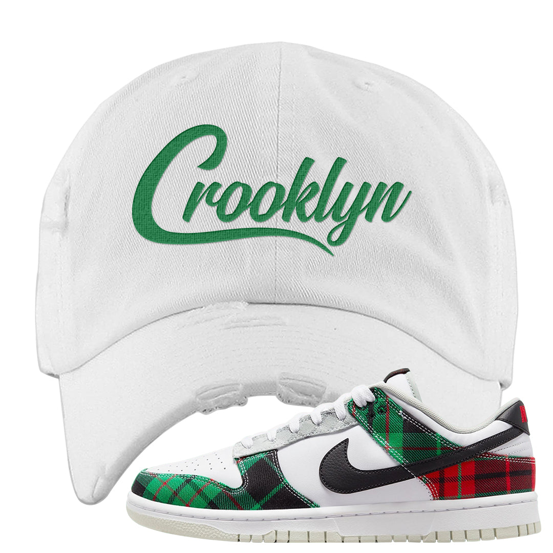 Red Green Plaid Low Dunks Distressed Dad Hat | Crooklyn, White