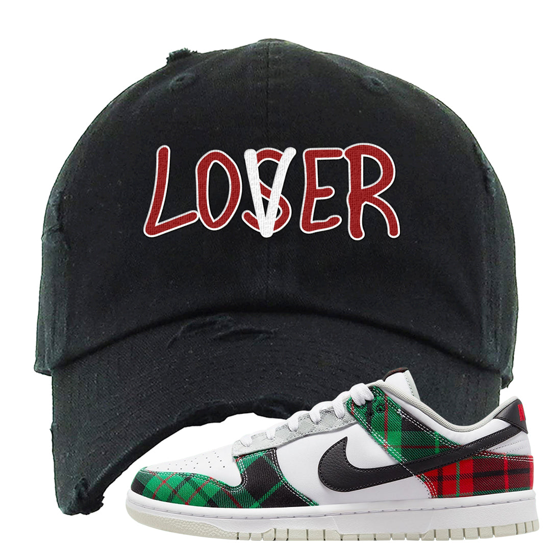Red Green Plaid Low Dunks Distressed Dad Hat | Lover, Black