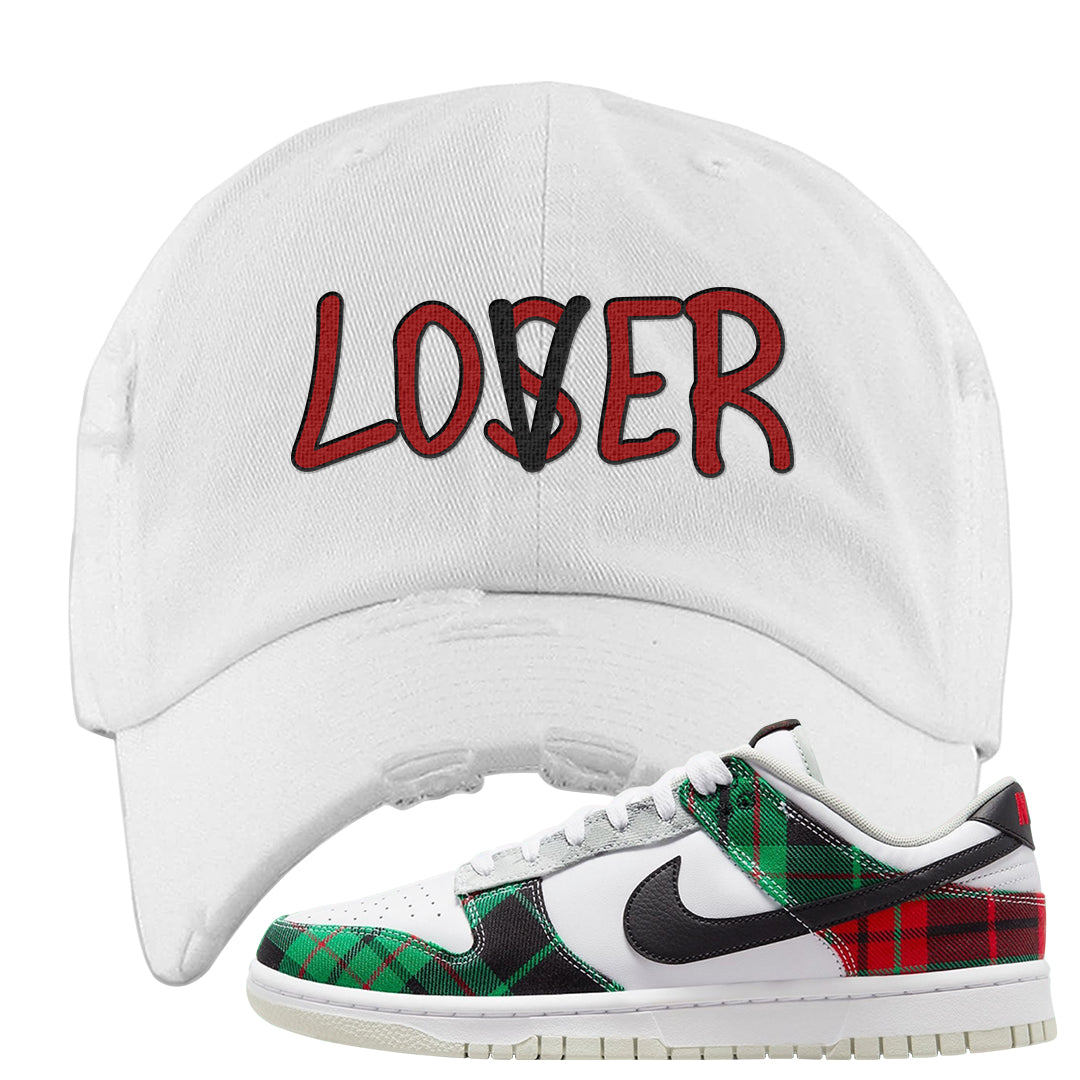 Red Green Plaid Low Dunks Distressed Dad Hat | Lover, White