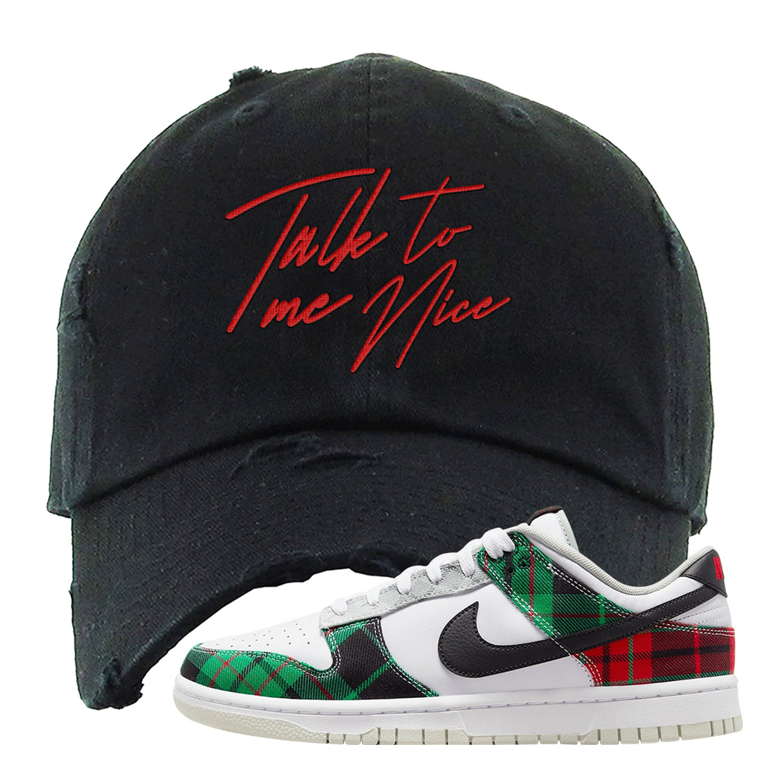 Red Green Plaid Low Dunks Distressed Dad Hat | Talk To Me Nice, Black