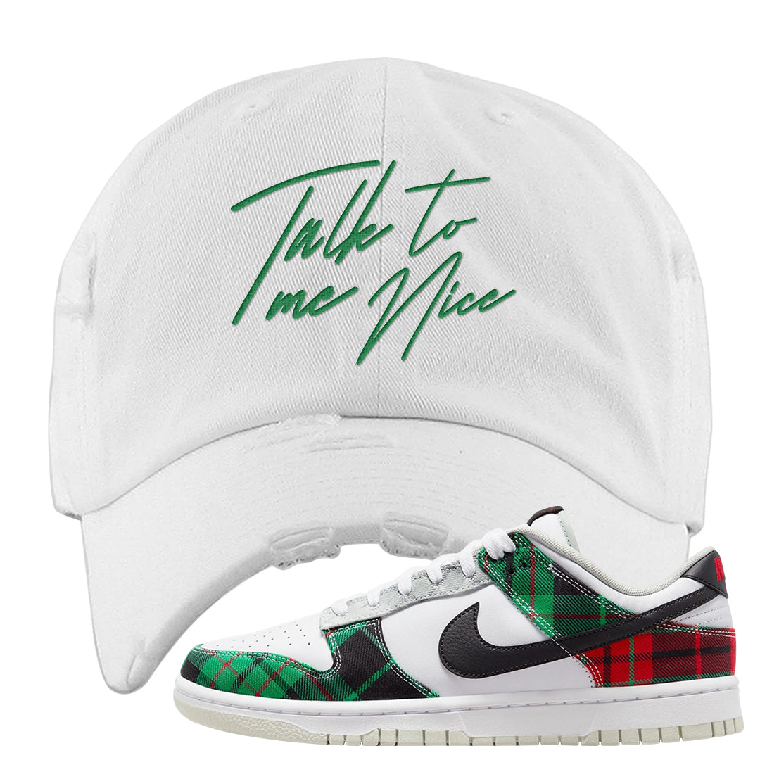 Red Green Plaid Low Dunks Distressed Dad Hat | Talk To Me Nice, White
