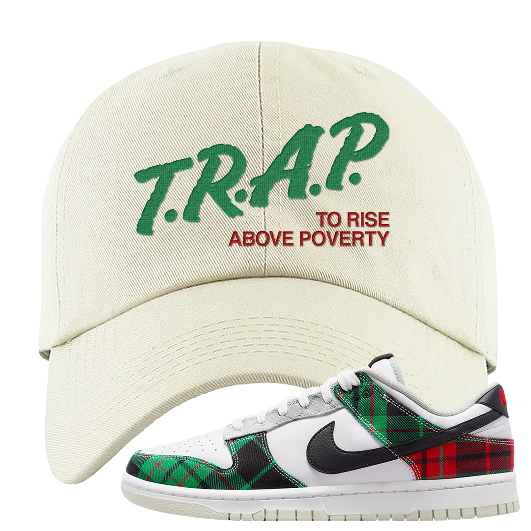 Red Green Plaid Low Dunks Dad Hat | Trap To Rise Above Poverty, White