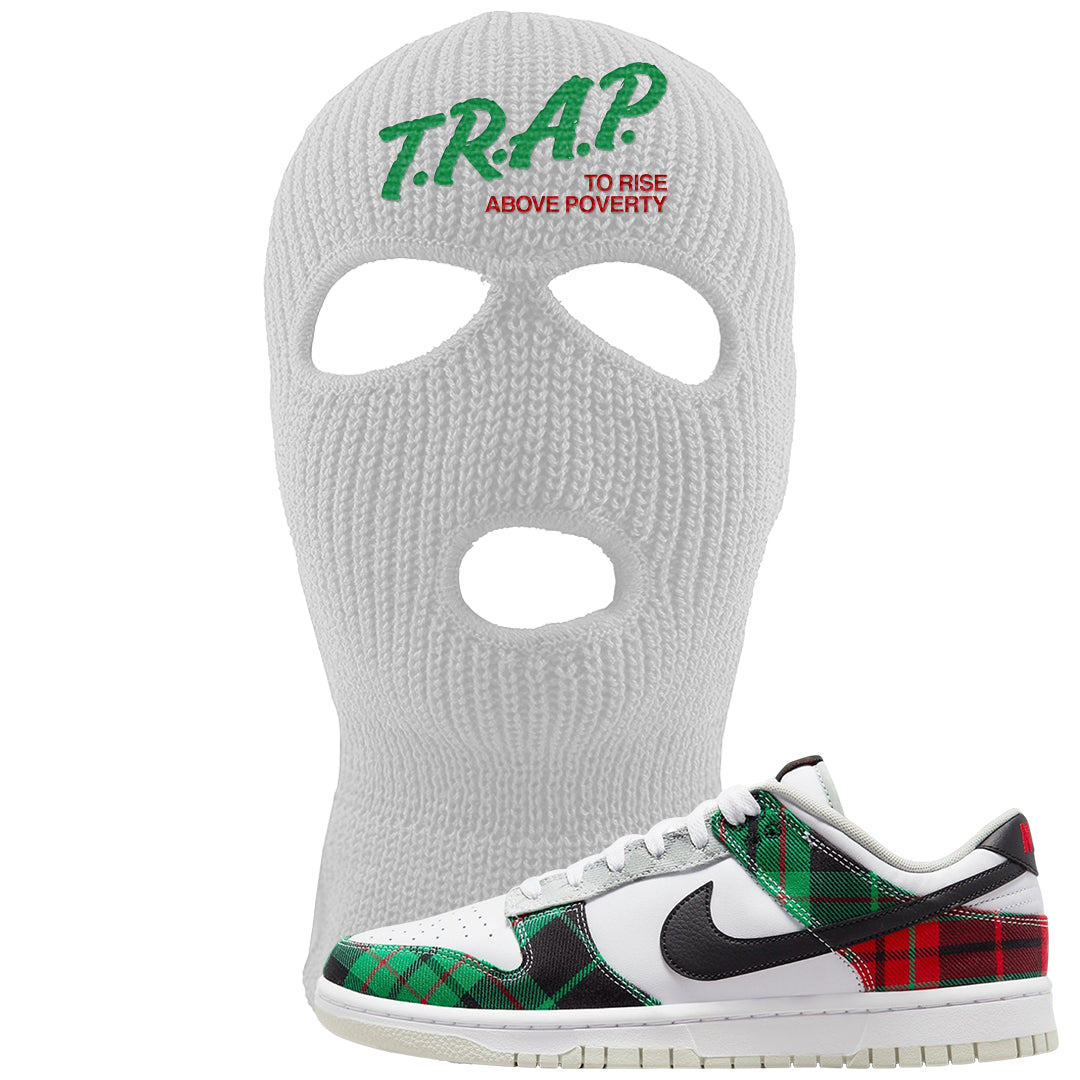 Red Green Plaid Low Dunks Ski Mask | Trap To Rise Above Poverty, White