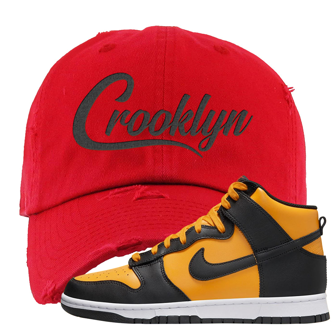 University Gold Black High Dunks Distressed Dad Hat | Crooklyn, Red