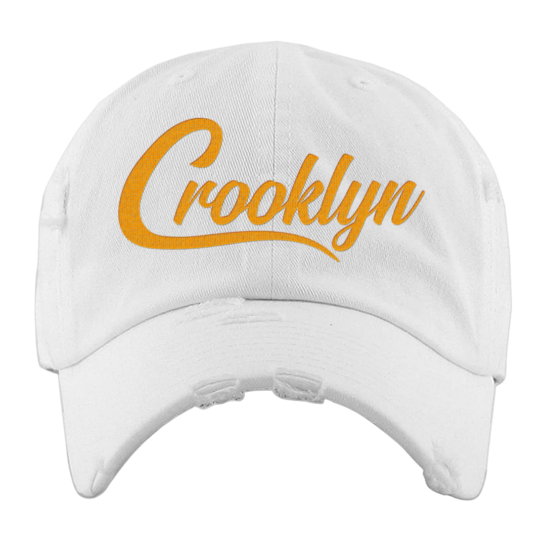 University Gold Black High Dunks Distressed Dad Hat | Crooklyn, White