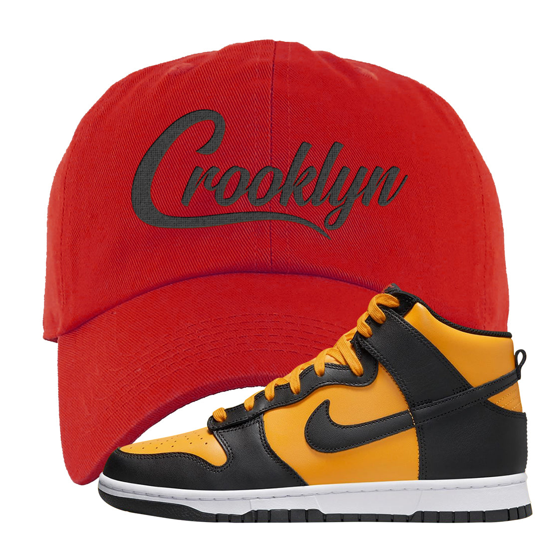 University Gold Black High Dunks Dad Hat | Crooklyn, Red