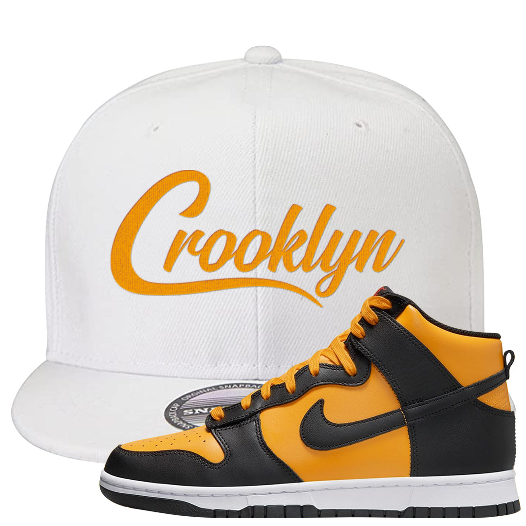 University Gold Black High Dunks Snapback Hat | Crooklyn, White