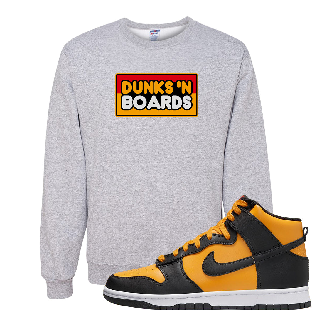 University Gold Black High Dunks Crewneck Sweatshirt | Dunks N Boards, Ash