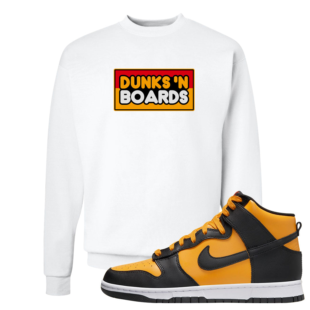 University Gold Black High Dunks Crewneck Sweatshirt | Dunks N Boards, White