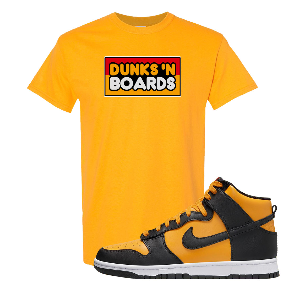 University Gold Black High Dunks T Shirt | Dunks N Boards, Gold