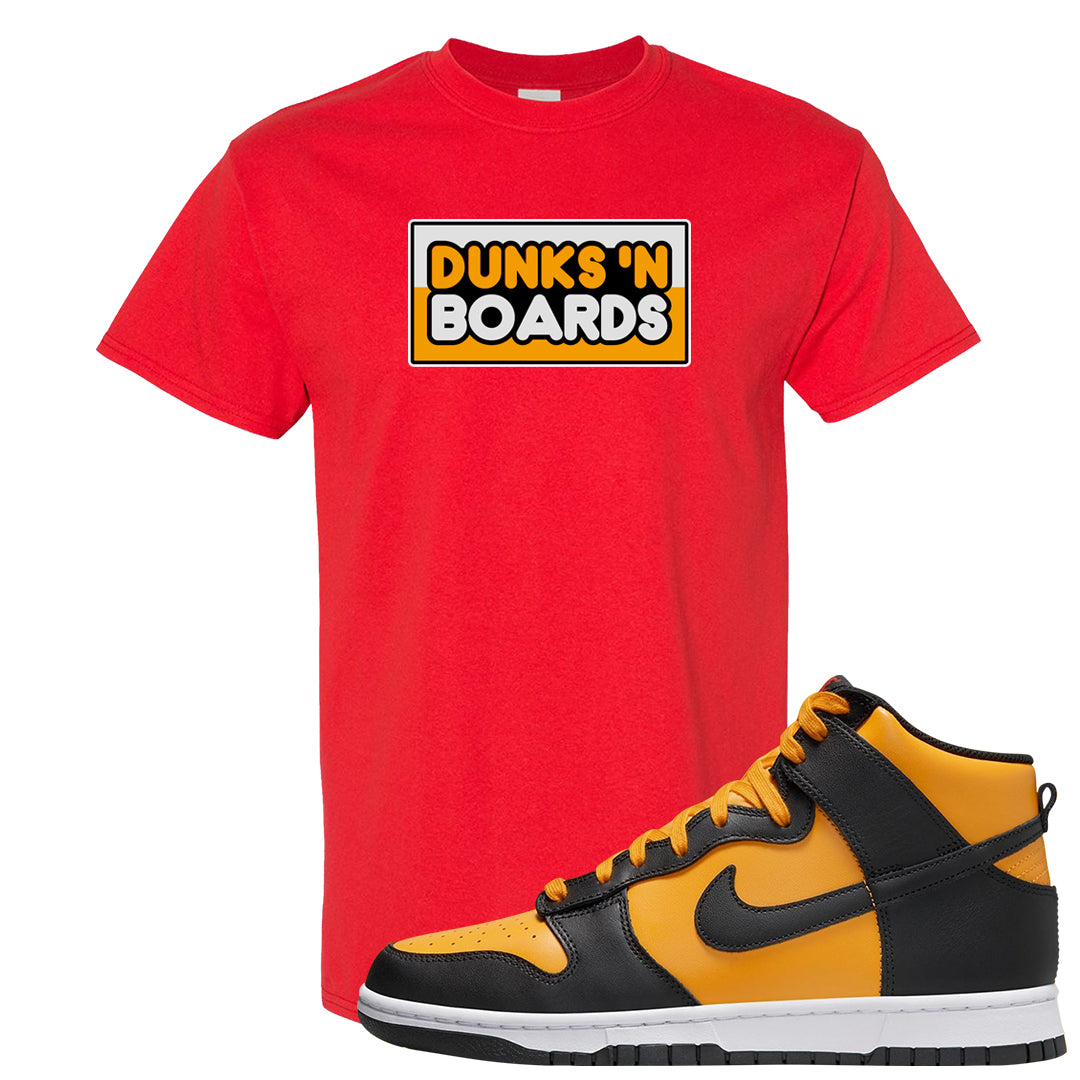 University Gold Black High Dunks T Shirt | Dunks N Boards, Red