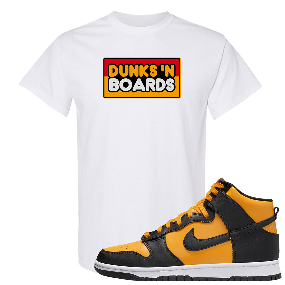 University Gold Black High Dunks T Shirt | Dunks N Boards, White