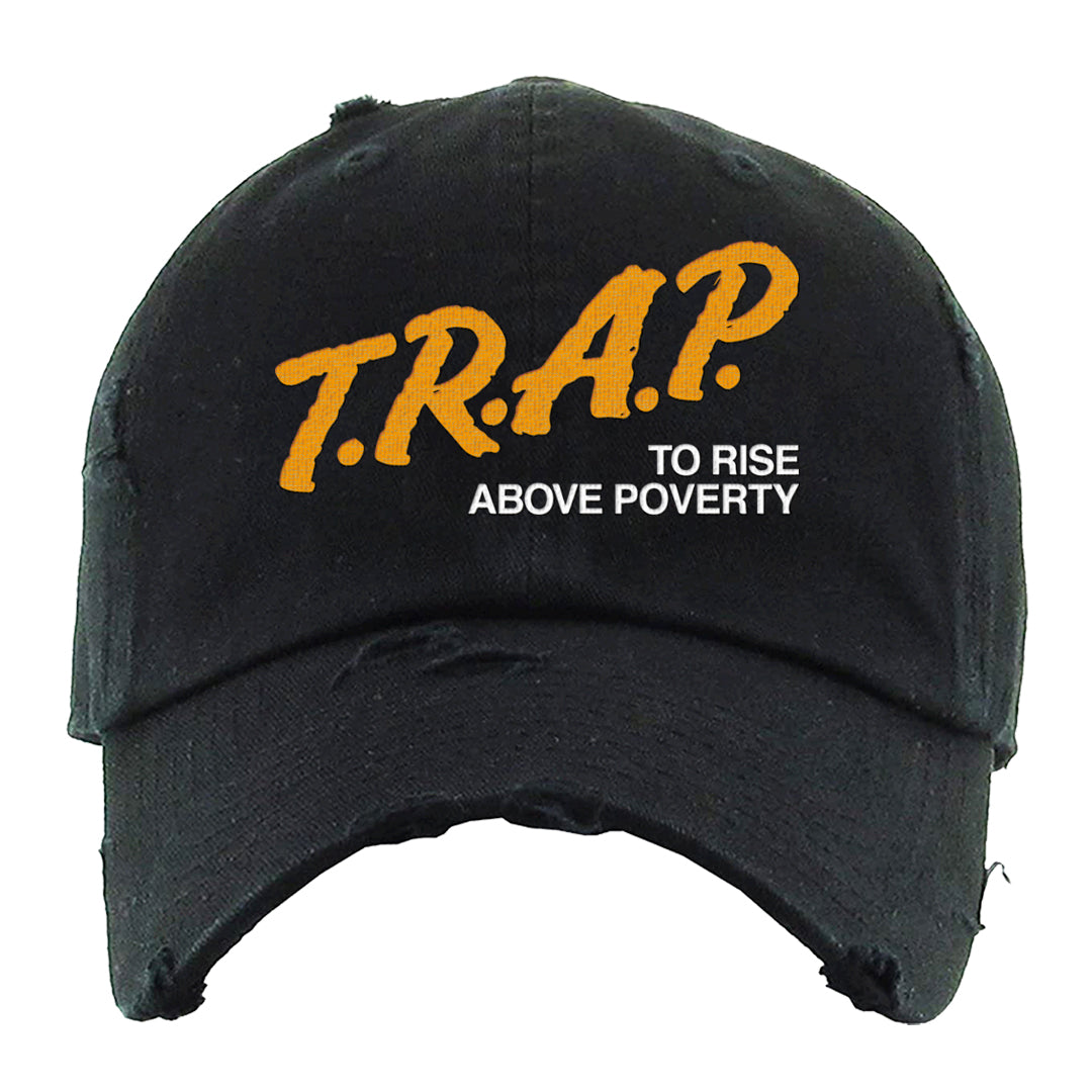 University Gold Black High Dunks Distressed Dad Hat | Trap To Rise Above Poverty, Black