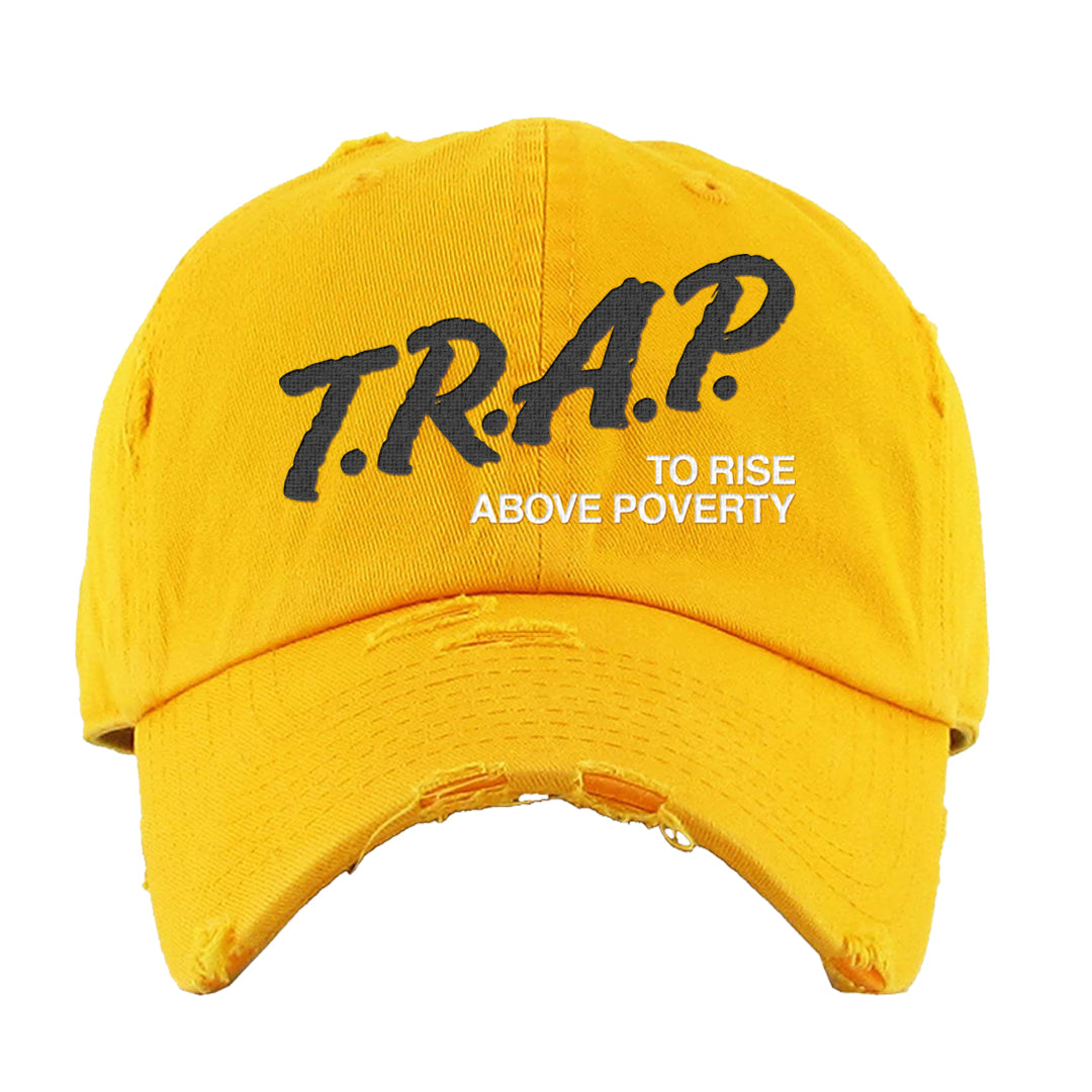 University Gold Black High Dunks Distressed Dad Hat | Trap To Rise Above Poverty, Gold