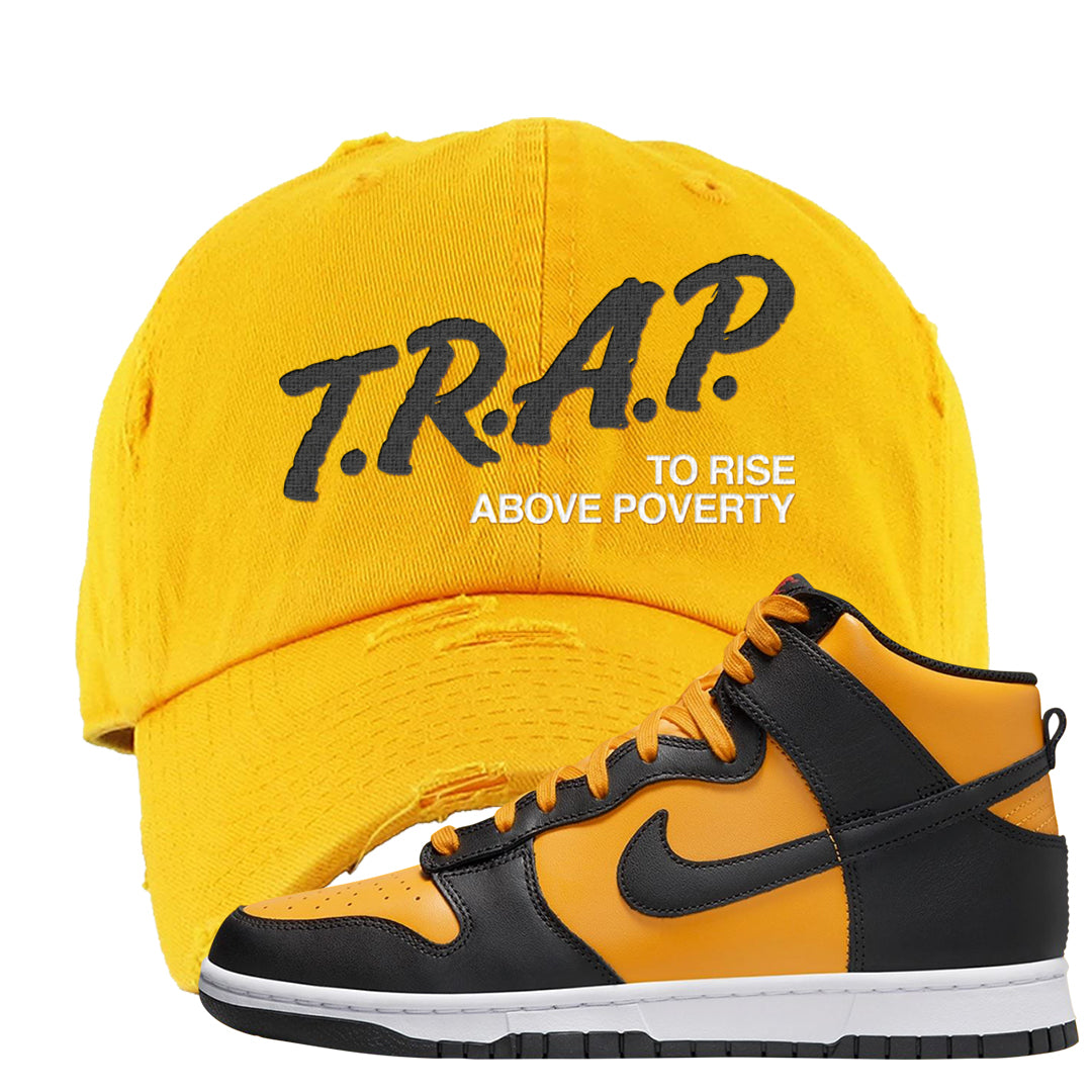 University Gold Black High Dunks Distressed Dad Hat | Trap To Rise Above Poverty, Gold