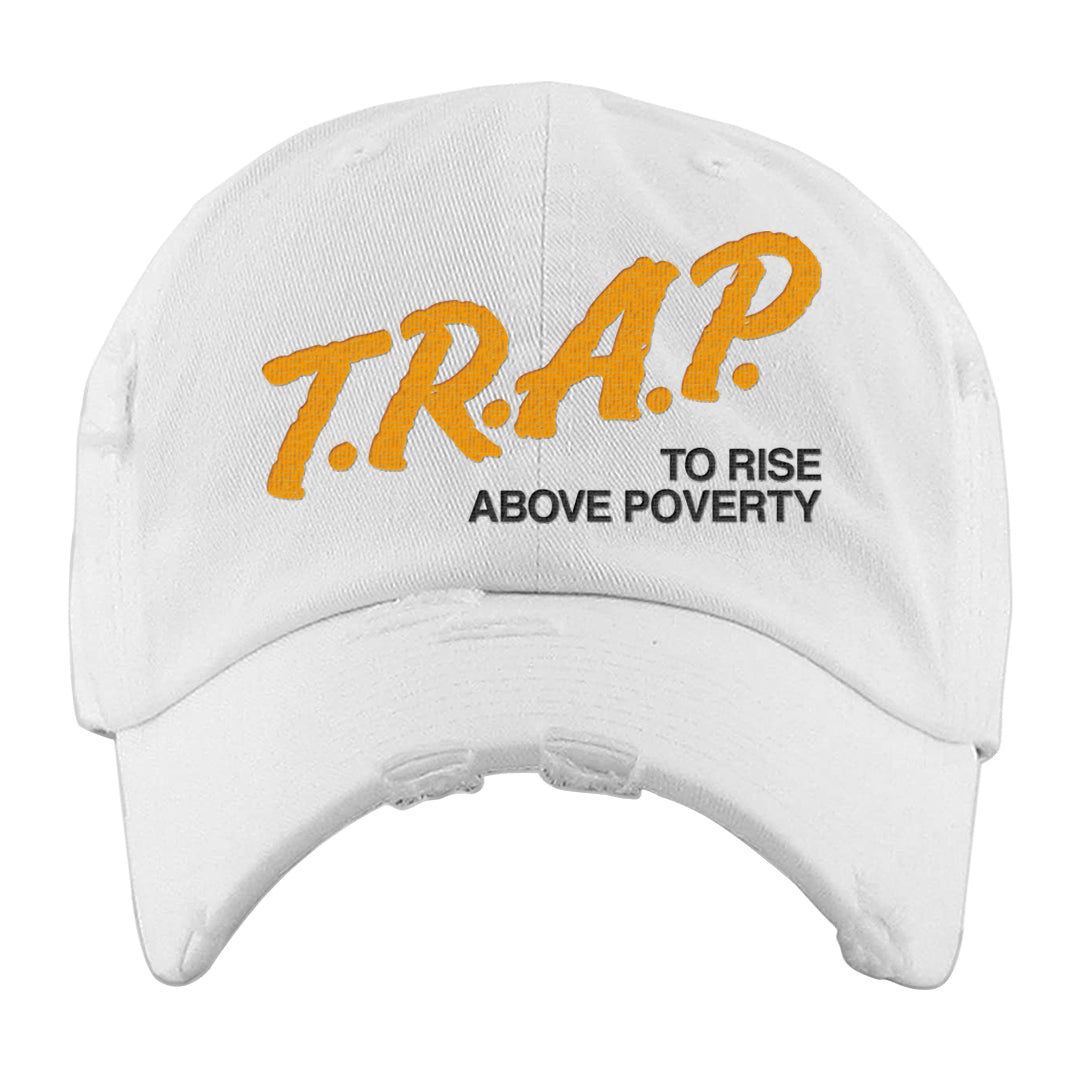 University Gold Black High Dunks Distressed Dad Hat | Trap To Rise Above Poverty, White