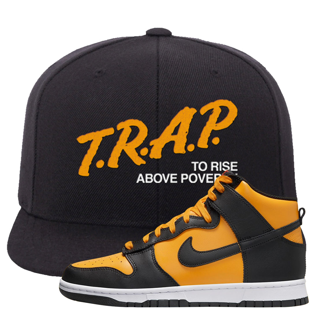 University Gold Black High Dunks Snapback Hat | Trap To Rise Above Poverty, Black