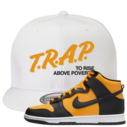 University Gold Black High Dunks Snapback Hat | Trap To Rise Above Poverty, White
