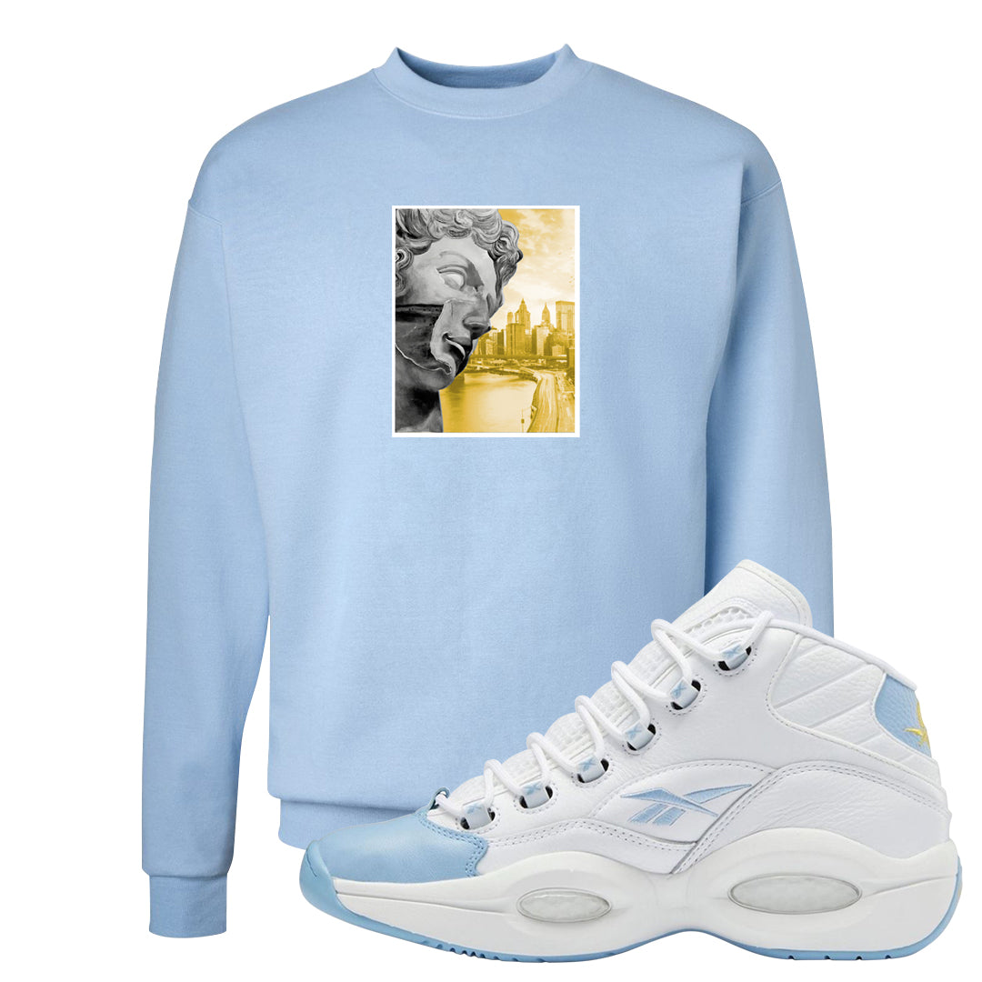 On To The Next Mid Questions Crewneck Sweatshirt | Miguel, Light Blue