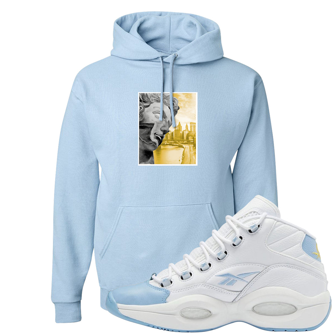 On To The Next Mid Questions Hoodie | Miguel, Light Blue