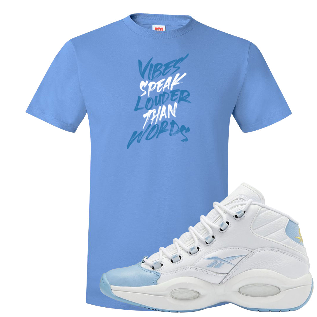 On To The Next Mid Questions T Shirt | Vibes Speak Louder Than Words, Carolina Blue